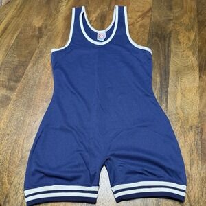 Vintage 90s Brute Wrestling Singlet NEW AM Navy Blue White Trim